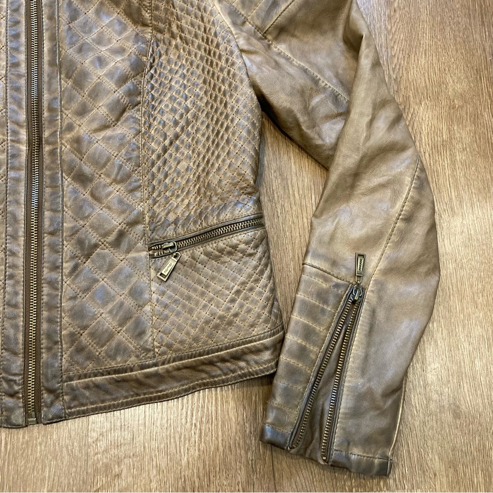 Jou Jou Women's Brown Quilted Faux Leather Moto Jacket Grunge Distressed Large - Picture 8 of 16